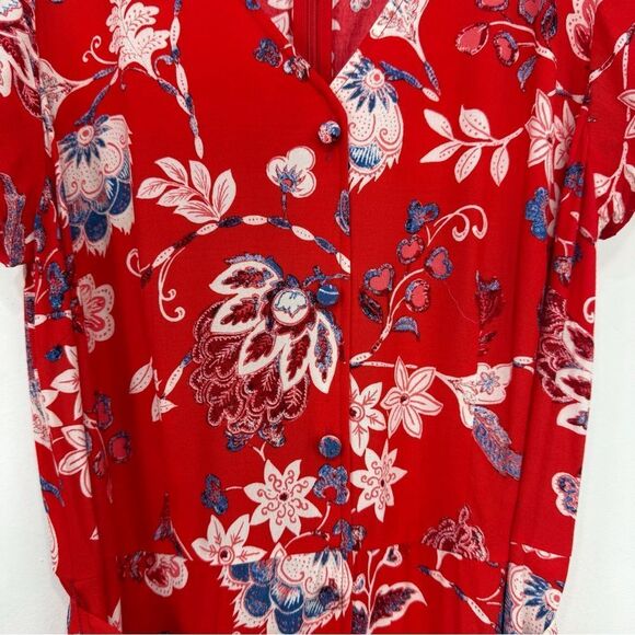 Talbots Red Blue Cream Floral Print V Neck Button Front Sash Waist Dress - Picture 8 of 16